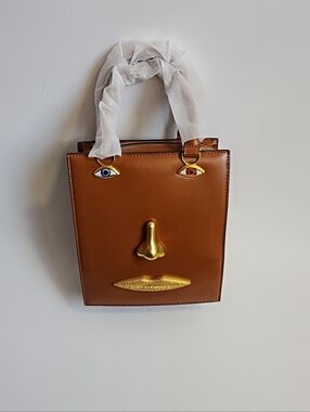 Designer Inspired Novelty Face Lips Eyes Tote Bag in Brown with Gold Accents New